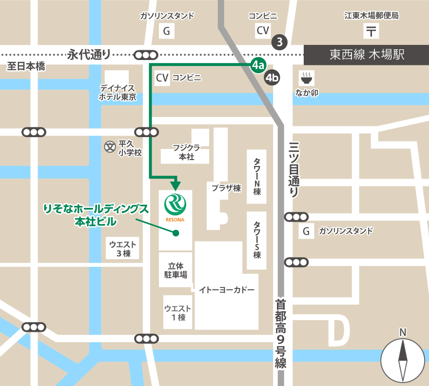 東西線木場駅4a出口を出たら直進し、約220m先にある次の信号で左に曲がります。その後、約120m直進すると二つ目の信号がありますので、信号を渡って約60m進むと、向かって左側がりそなホールディングス本社ビルです。