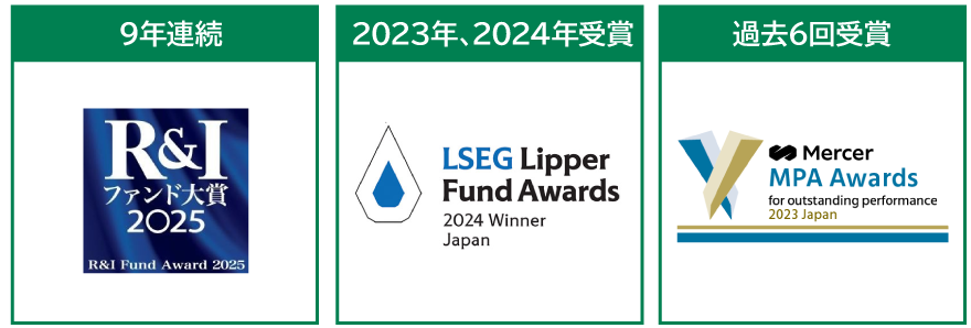 R&Iファンド大賞のロゴ,マーサーMPA(Japan)アワードのロゴ,LSEG リッパー・ファンド・アワード