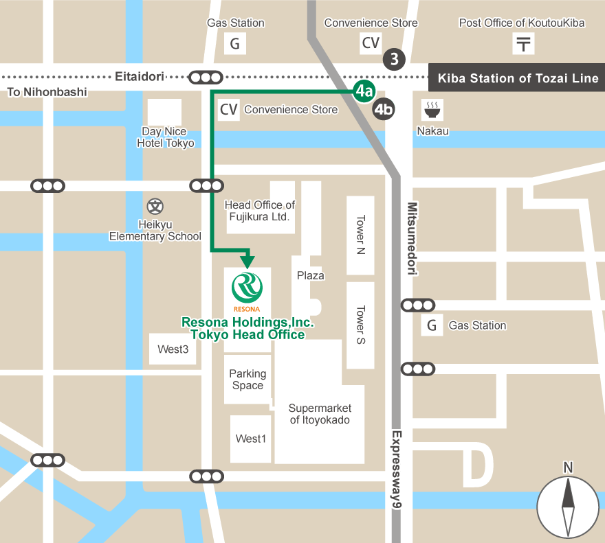 Take Exit 4a at Kiba Station on the Tozai Line and go straight and turn left at the next traffic light about 220 meters ahead. After that, go straight for about 120 meters to the second traffic light, cross the light and walk about 60 meters. The Resona Holdings Head Office Building will be on your left.