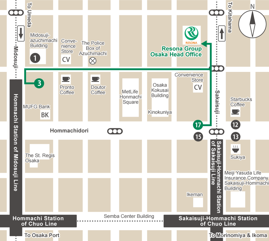Using Sakaisuji-Hommachi Station on the Sakaisuji Line, exit at Exit 17, turn left and walk about 150 meters. The Resona Group Osaka Head Office Building will be on your left. Using on the Hommachi Station on the Midosuji Line, exit at Exit 3, go right on Midosuji Street and turn right at the first corner. After that, go straight on Azuchimachi Street for about 500 meters, turn left at the second traffic light, and walk about 30 meters. The Resona Group Osaka Head Office Building will be on your left.