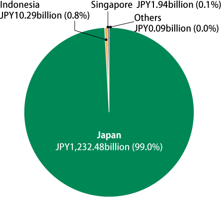 Pie chart showing regional breakdown(Ordinary Income): Japan JPY1,232.48bn (99.0%), Indonesia JPY10.29bn(0.8%), Singapore JPY1.94bn(0.1%), others negligible.