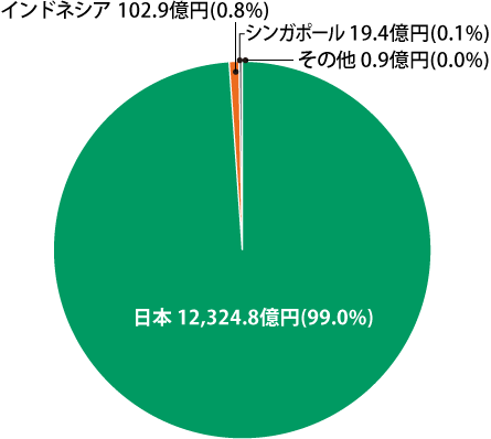 地域別の経常収益の金額構成の円グラフ。日本は12,324.8億円で99.0%、インドネシアは102.9億円で0.8%、シンガポールは19.4億円で0.1%、その他は僅少。