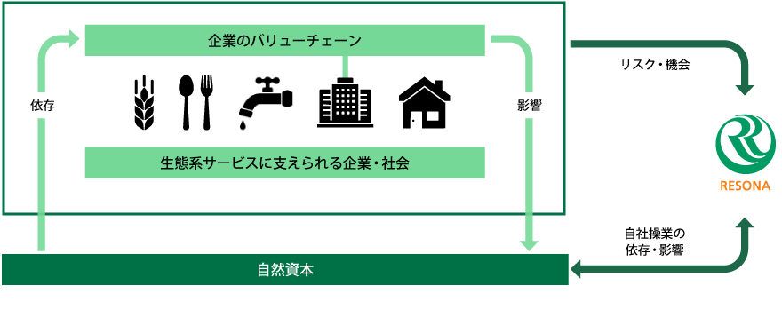 金融機関・企業と自然資本の関係性の図　図の内容は、直前の本文で説明しています