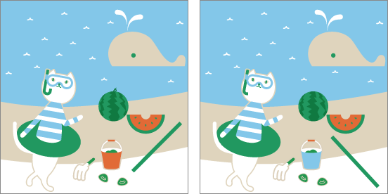 ビーチで水着姿で遊んでいるりそにゃのイラスト
