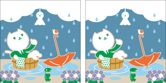 雨の中で桶に乗るりそにゃのイラスト