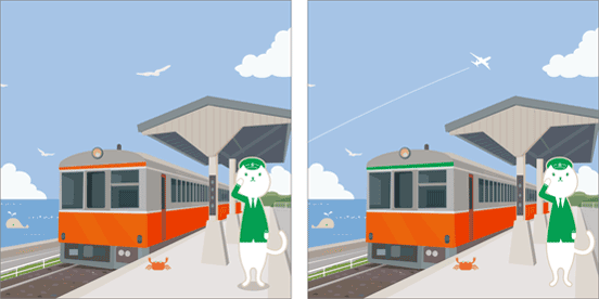 夏の青空と電車の横に駅員の恰好をしたりそにゃの間違い探し