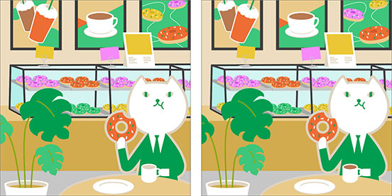 コーヒーを片手にドーナツを食べているりそにゃ