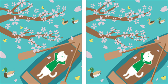 桜の木の下、小舟の上で横たわっている りそにゃのイラスト