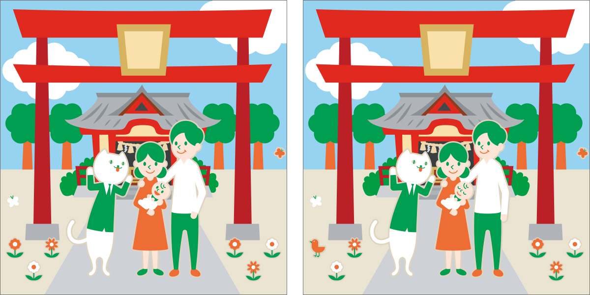 赤ちゃんのお宮参り中に、りそにゃが赤ちゃんをあやしているイラスト