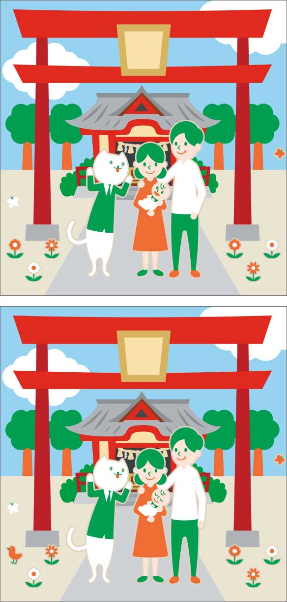 赤ちゃんのお宮参り中に、りそにゃが赤ちゃんをあやしているイラスト
