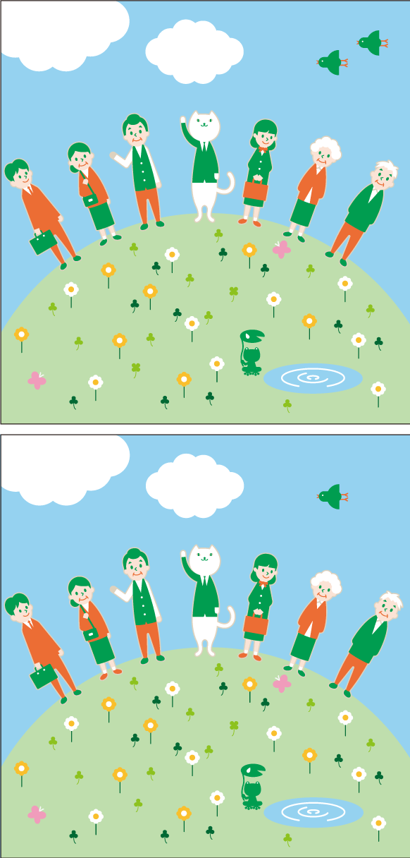 花が咲いている野原にりそにゃとおじいちゃん、おばあちゃん、お父さん、お母さん、学生男女とが並んでいるイラスト