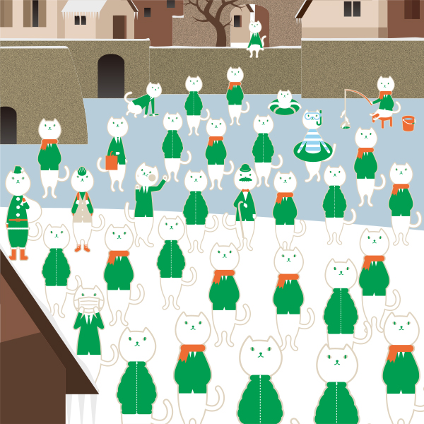 冬の街中にいるりそにゃのイラスト