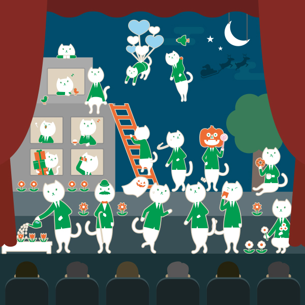 舞台で複数のりそにゃが集まっているイラスト