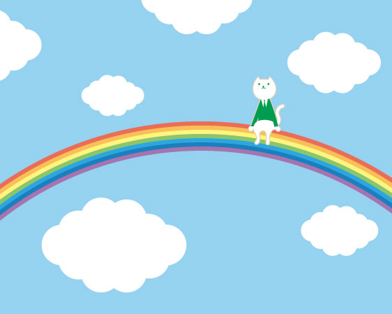 虹の上にりそにゃが座って空を眺めているイラスト